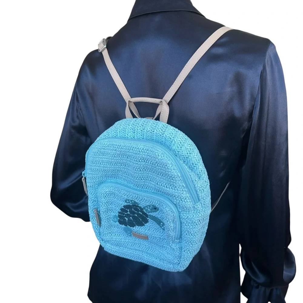 Vera Bradley Straw Raffia Blue Turtle Print Convertible Mini Summer Backpack